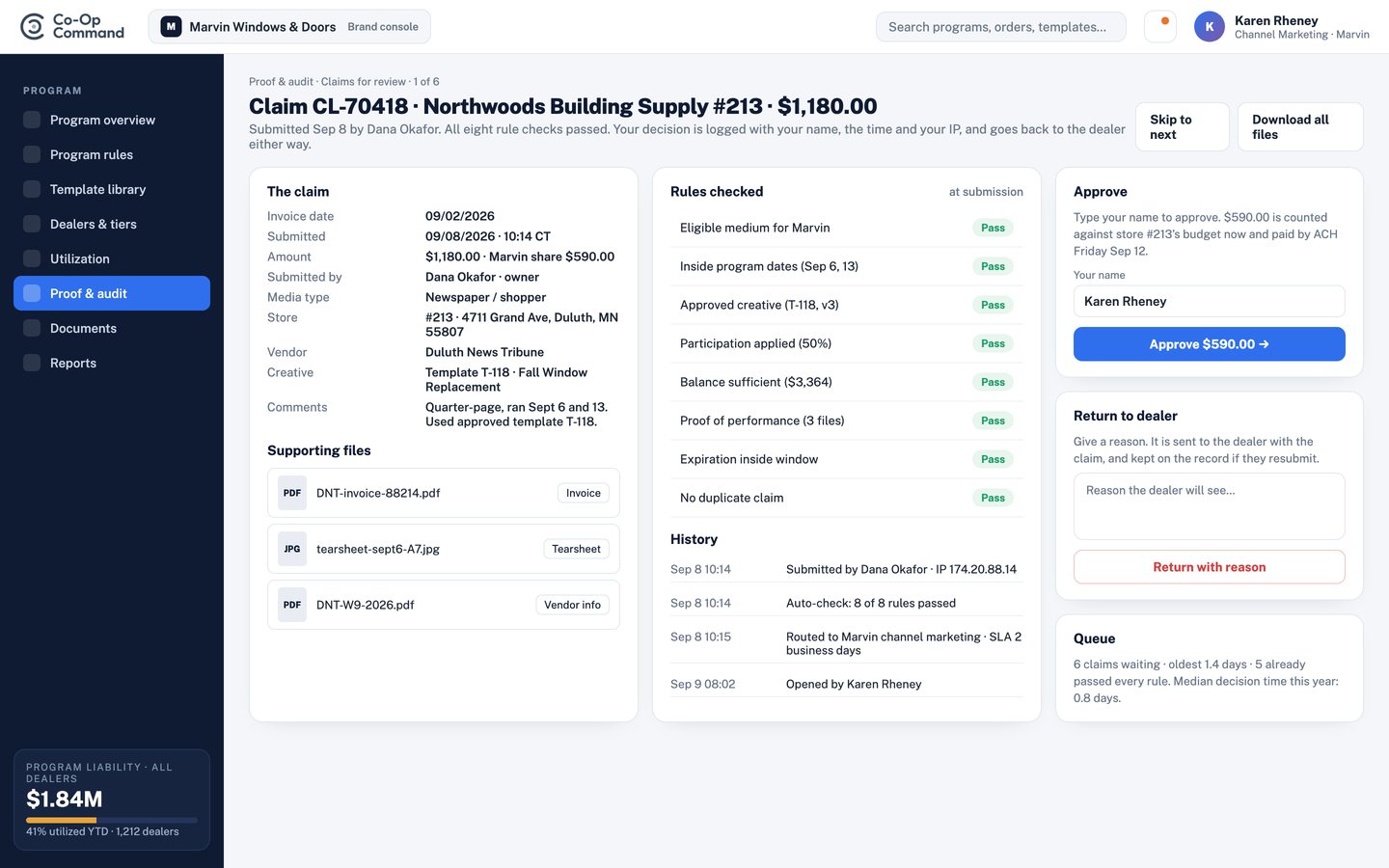 3 · Brand review (brand console). AI-checked and pre-approved, with every rule check shown passed and files attached. Brand or auditor confirms or overrides, with an IP-stamped history either way.