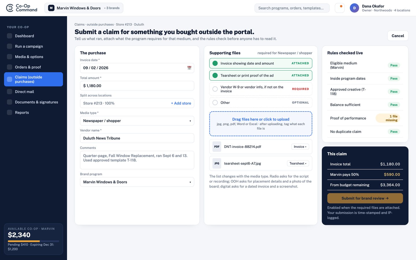 2 · Submit a claim. Invoice, amount, media type, vendor, split across locations. Required proof changes with the medium — tearsheet, affidavit, screenshot, or postal receipt — and is uploaded and verified before the button unlocks.